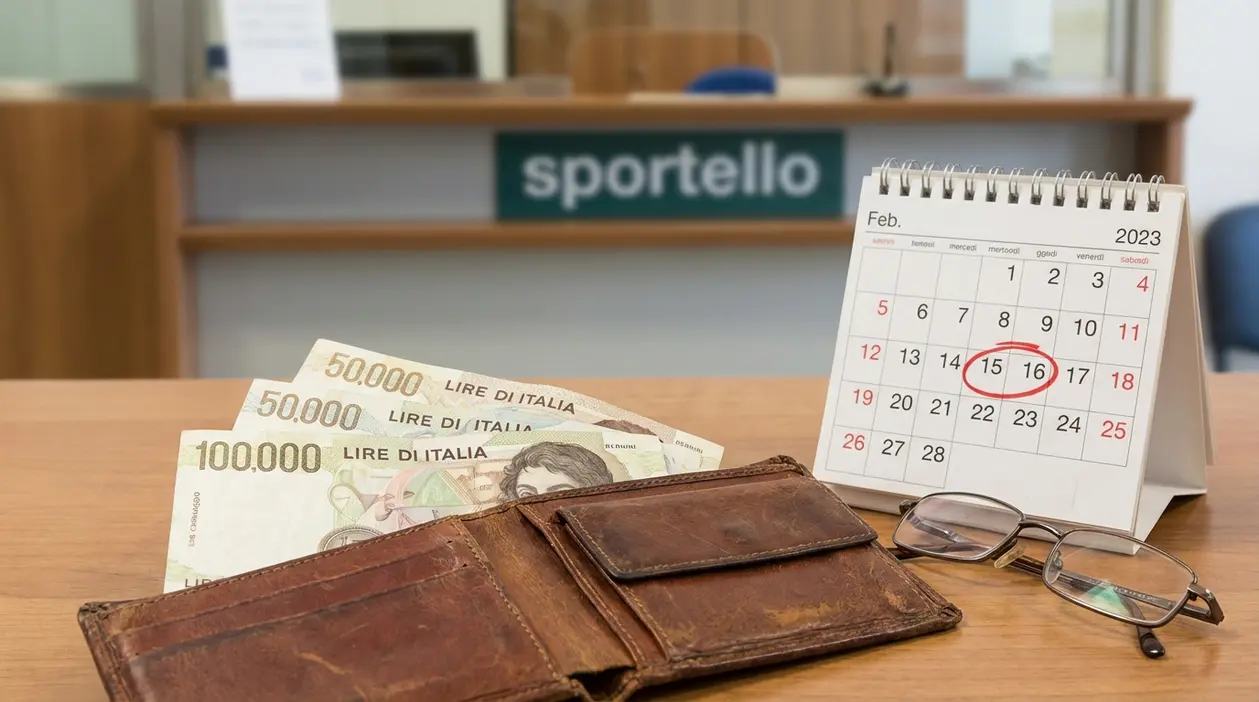 Vecchie banconote in lire italiane accanto a un portafoglio e a un calendario con data cerchiata allo sportello
