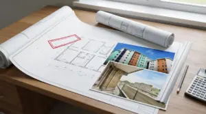 Planimetria edilizia su scrivania con foto di un edificio e strumenti di lavoro per pratiche di sanatoria