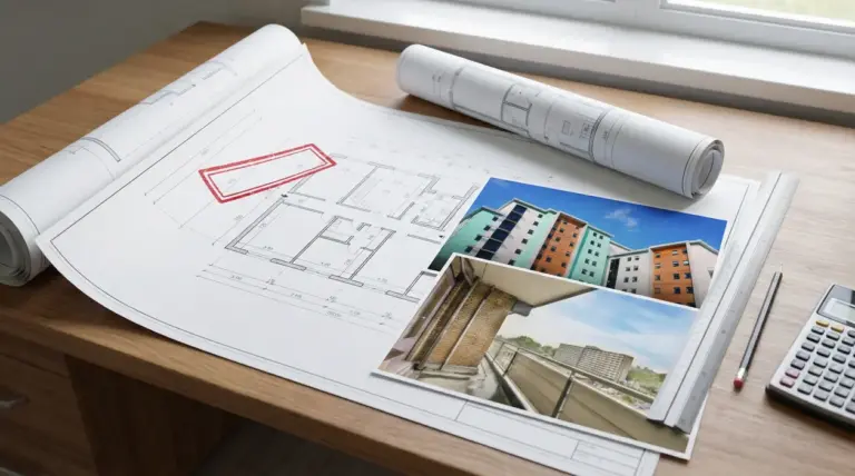 Planimetria edilizia su scrivania con foto di un edificio e strumenti di lavoro per pratiche di sanatoria