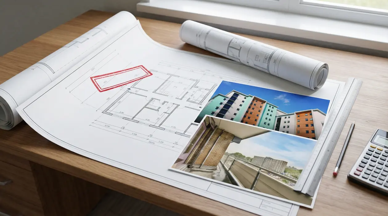 Planimetria edilizia su scrivania con foto di un edificio e strumenti di lavoro per pratiche di sanatoria