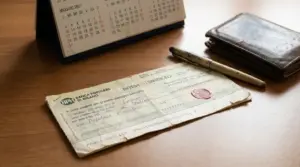 Assegno bancario dimenticato su una scrivania accanto a calendario, penna e portafoglio