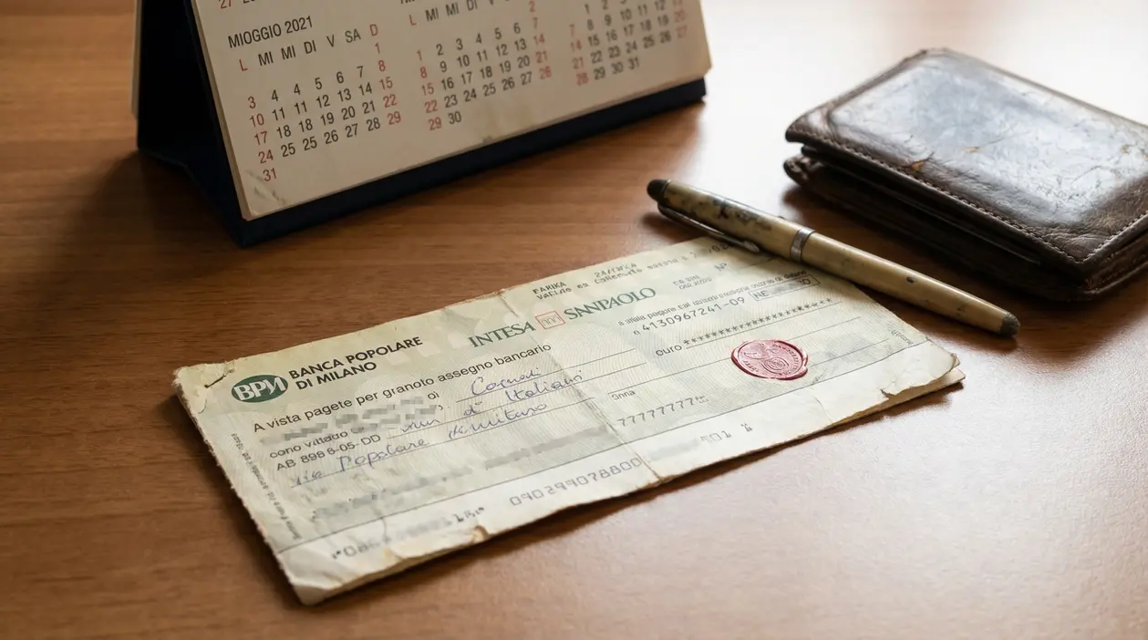 Assegno bancario dimenticato su una scrivania accanto a calendario, penna e portafoglio