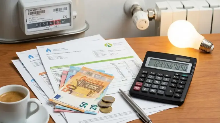 Bollette domestiche con calcolatrice, banconote in euro e contatore, per calcolare sconti su luce e gas