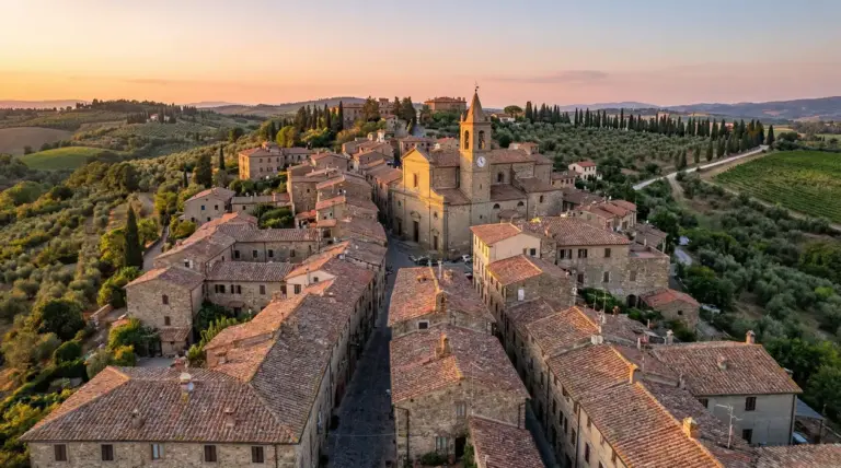 Veduta aerea di un borgo italiano con tetti in cotto e paesaggio collinare al tramonto