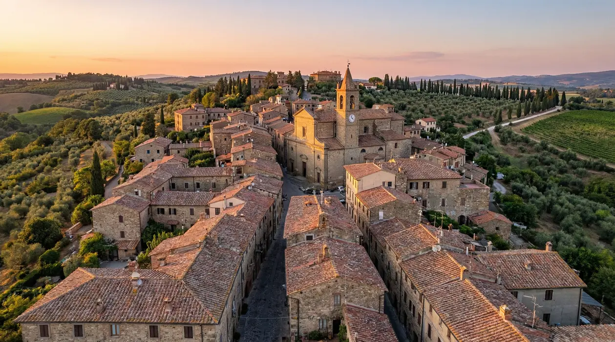 Veduta aerea di un borgo italiano con tetti in cotto e paesaggio collinare al tramonto