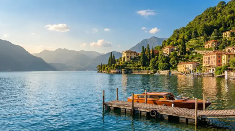 Veduta panoramica di un lago italiano con ville, montagne e un motoscafo ormeggiato a un pontile