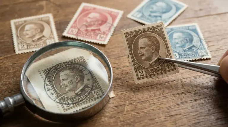 Francobolli italiani Serie Imperiale 1930 su tavolo, con lente d’ingrandimento e pinzette per collezionismo