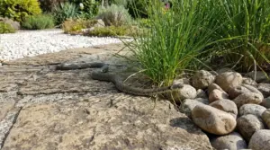 Serpente su un sentiero lastricato in un giardino con erba e pietre decorative