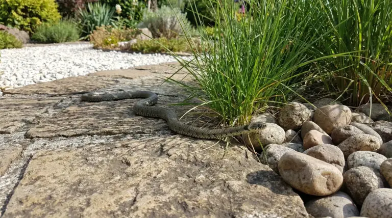 Serpente su un sentiero lastricato in un giardino con erba e pietre decorative