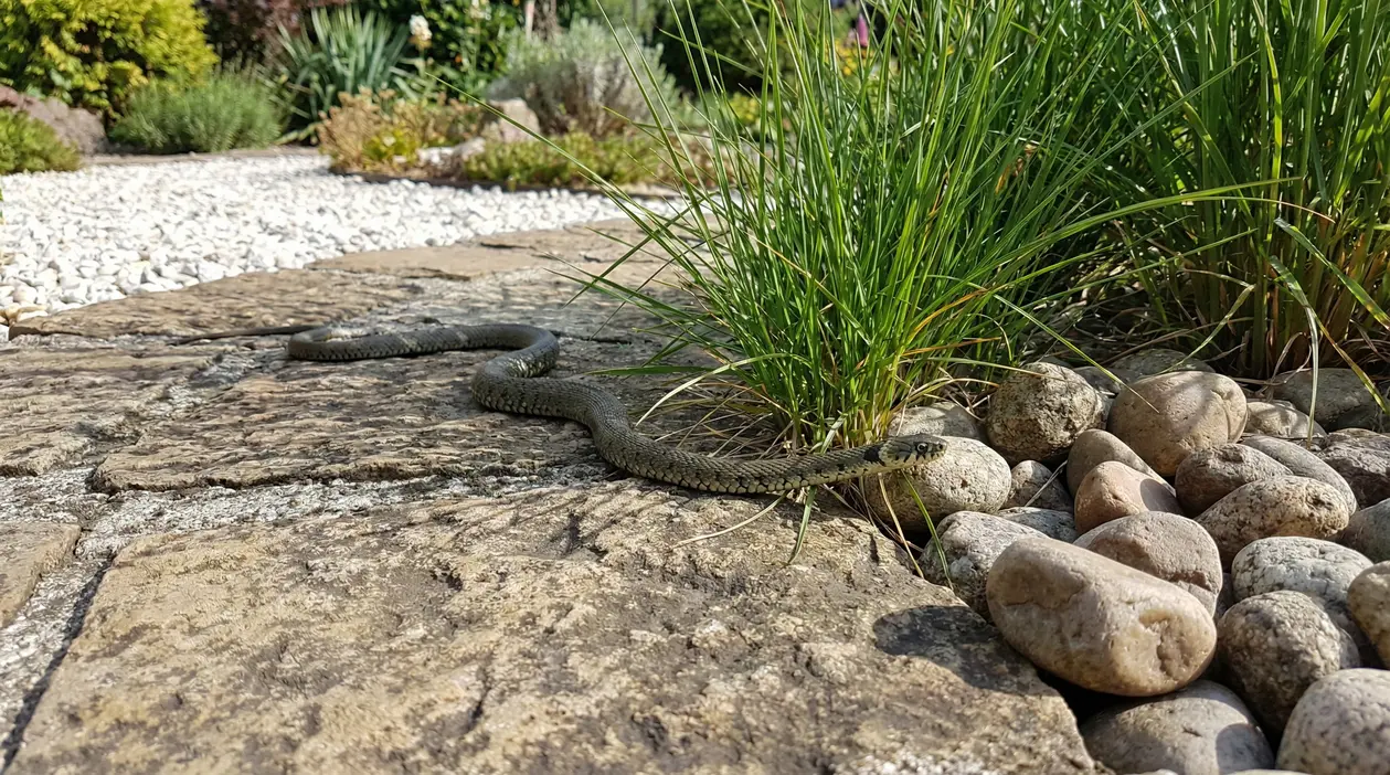 Serpente su un sentiero lastricato in un giardino con erba e pietre decorative