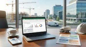 Laptop con grafici su assunzioni in ufficio, con cantiere e palazzi sullo sfondo