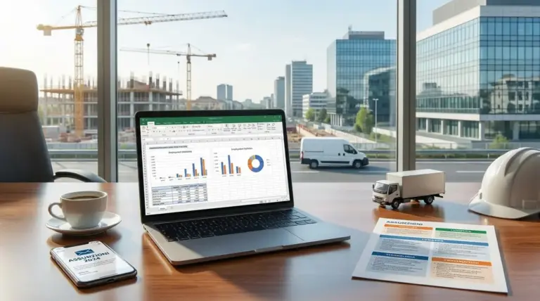 Laptop con grafici su assunzioni in ufficio, con cantiere e palazzi sullo sfondo