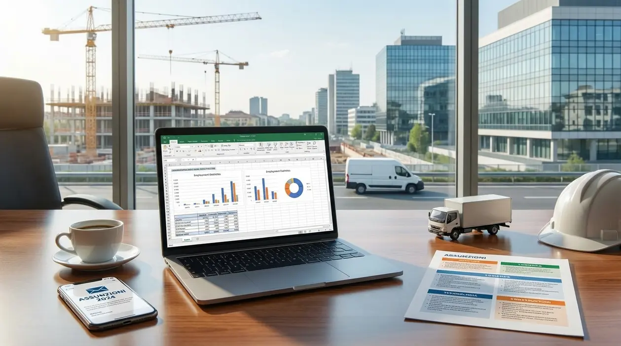 Laptop con grafici su assunzioni in ufficio, con cantiere e palazzi sullo sfondo