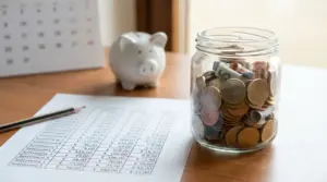 Barattolo con monete e banconote su un tavolo, accanto a un salvadanaio e a un piano di risparmio settimanale