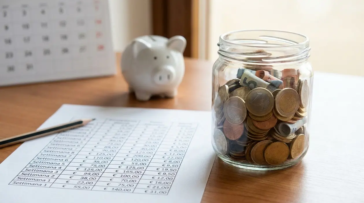 Barattolo con monete e banconote su un tavolo, accanto a un salvadanaio e a un piano di risparmio settimanale