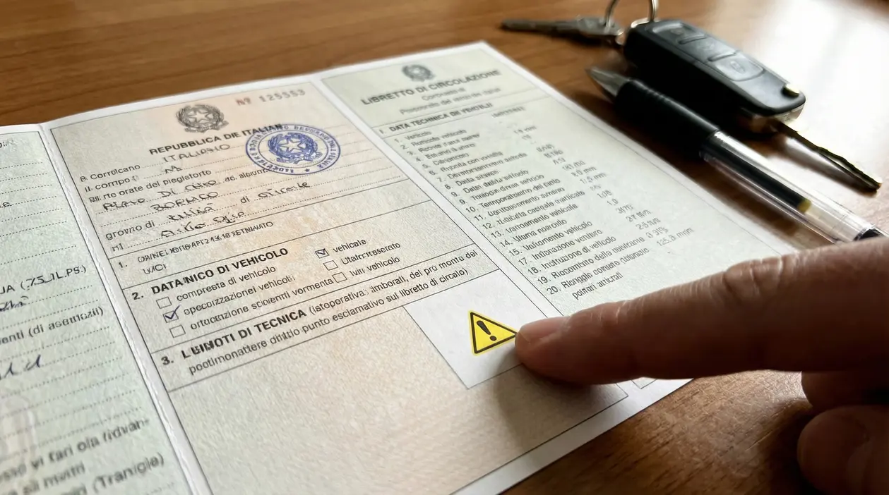 Mano che indica un simbolo di avvertimento sul libretto di circolazione accanto a chiavi dell’auto