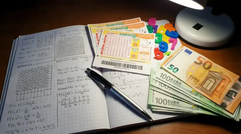 Schedine del Superenalotto, appunti di probabilità, numeri colorati e banconote in euro su una scrivania