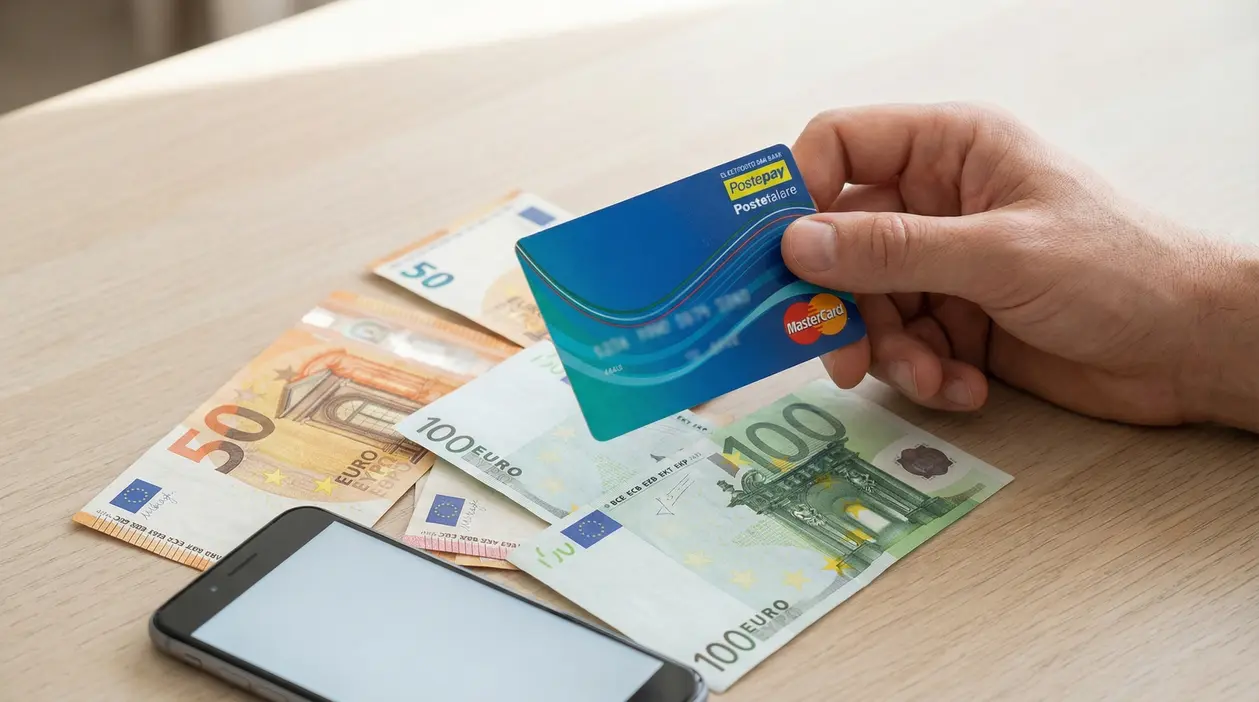 Mano che tiene una carta prepagata sopra banconote in euro e uno smartphone su un tavolo