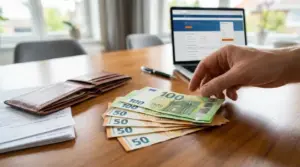Una mano conta banconote in euro su un tavolo, con portafoglio e laptop di home banking sullo sfondo