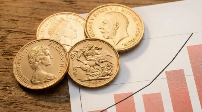 Sterline d’oro appoggiate su un grafico finanziario, simbolo della quotazione e del valore aggiornato