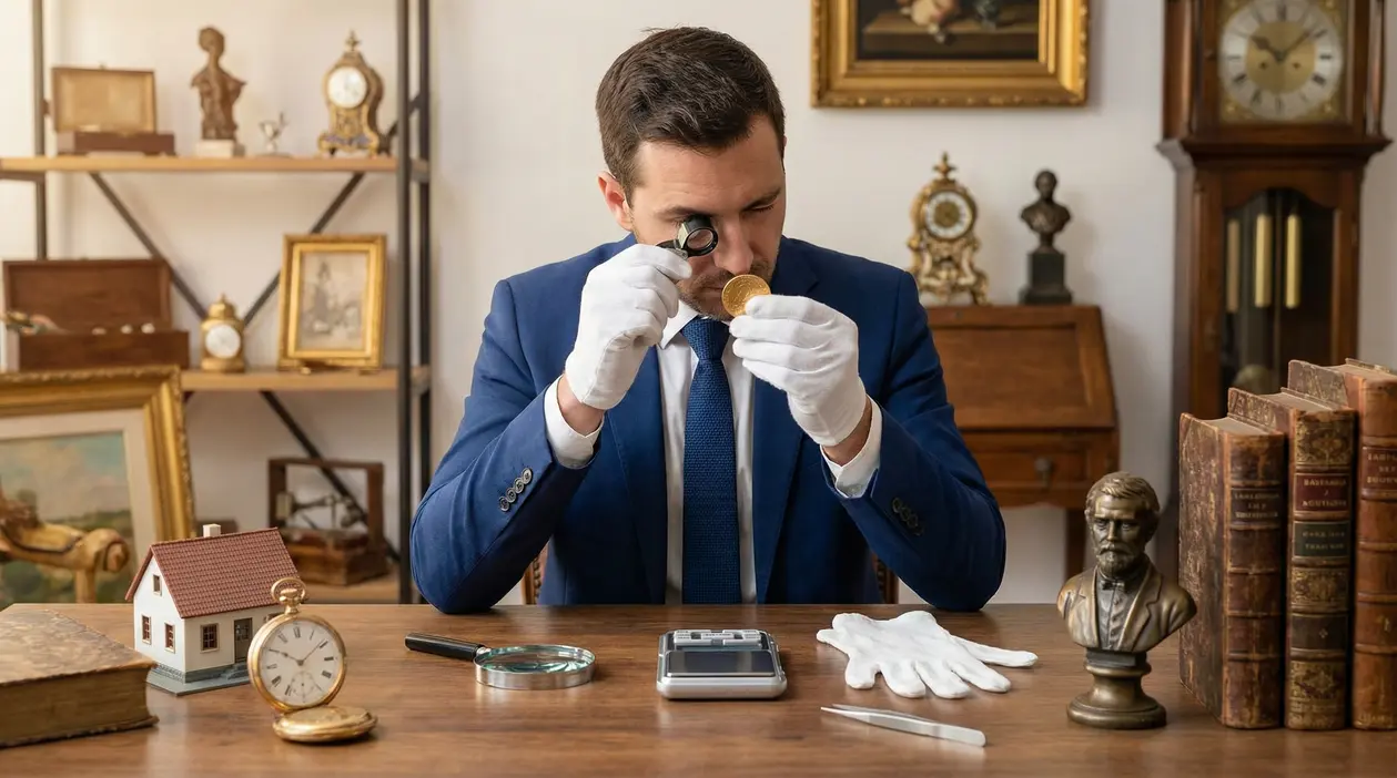 Perito esamina una moneta da collezione con una lente in uno studio pieno di oggetti d’antiquariato