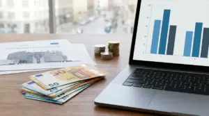 Banconote in euro, monete e laptop con grafico a barre su una scrivania, tema salari italiani ed europei