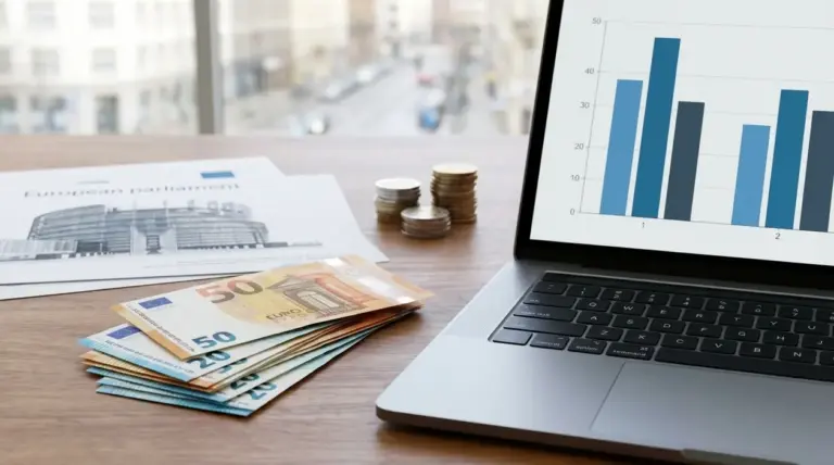 Banconote in euro, monete e laptop con grafico a barre su una scrivania, tema salari italiani ed europei