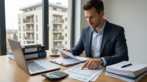 Persona in ufficio che controlla documenti e calcolatrice davanti a un palazzo, tema stipendio amministratore di condominio