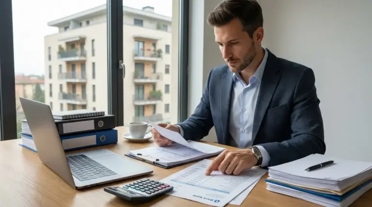 Persona in ufficio che controlla documenti e calcolatrice davanti a un palazzo, tema stipendio amministratore di condominio