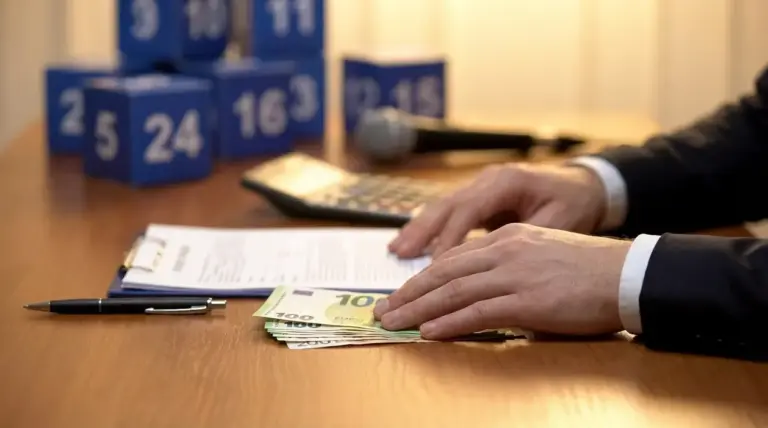 Mani su banconote in euro e documenti, con pacchi numerati sullo sfondo in un contesto legato ad Affari Tuoi