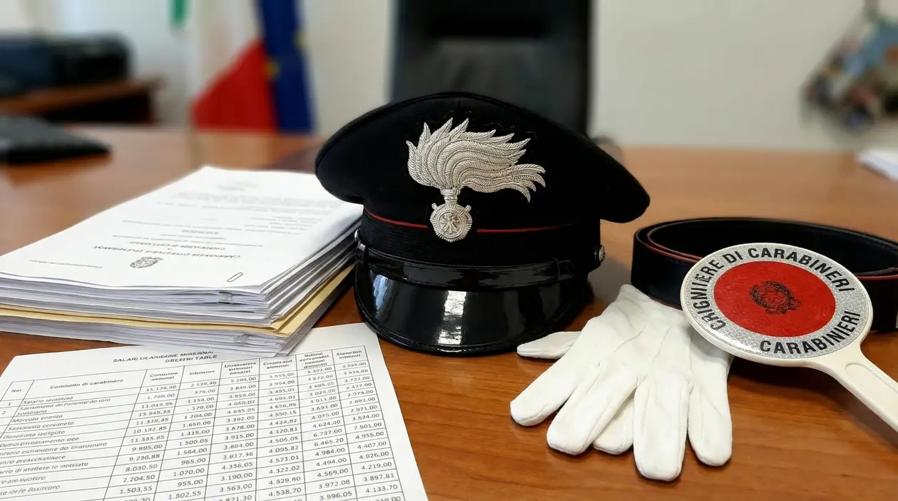 Berretto e accessori dei Carabinieri su una scrivania con documenti, in un ufficio istituzionale