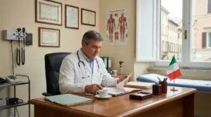 Medico di famiglia nel suo studio mentre consulta documenti alla scrivania