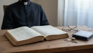 Sacerdote in abito talare al tavolo con registro aperto, occhiali, portafoglio e monete, in luce naturale