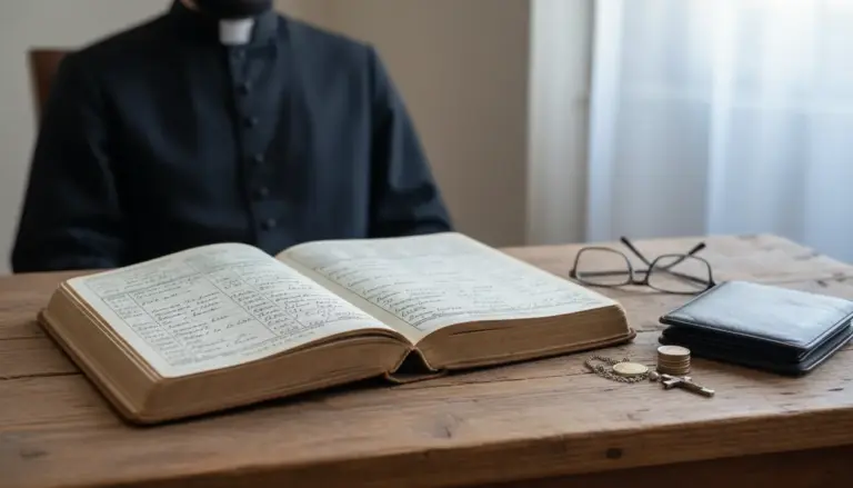 Sacerdote in abito talare al tavolo con registro aperto, occhiali, portafoglio e monete, in luce naturale