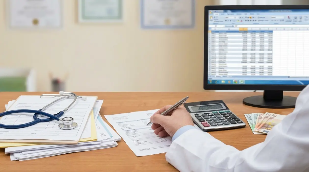 Medico alla scrivania con documenti, stetoscopio, calcolatrice e computer, immagine sul guadagno del medico di base