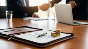 Stretta di mano in ufficio con documenti e monete sul tavolo, simbolo di negoziazione dello stipendio