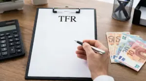 Documento TFR su clipboard con penna, calcolatrice e banconote in euro su scrivania, per scelta tra azienda e fondo