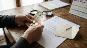 Persona anziana conta euro accanto a una lettera INPS su un tavolo, tema tagli alla pensione