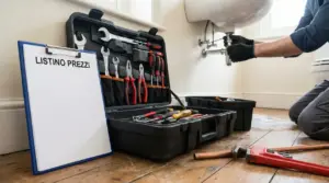Cassetta degli attrezzi e persona al lavoro su tubi sotto un lavandino, con blocco appunti per preventivo idraulico