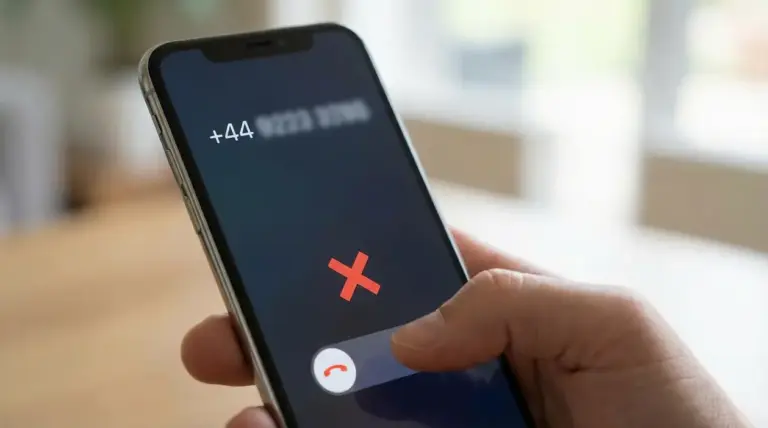 Mano che rifiuta una chiamata sospetta su smartphone da un numero con prefisso +44
