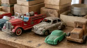Giocattoli vintage in latta e legno su un tavolo, tra cui auto d’epoca e un camion dei pompieri