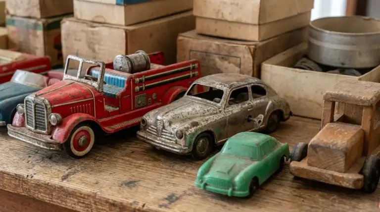 Giocattoli vintage in latta e legno su un tavolo, tra cui auto d’epoca e un camion dei pompieri