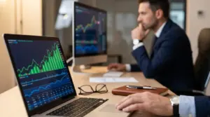 Trader al computer con grafici finanziari su laptop e monitor in un ufficio, analisi dei mercati con approccio prudente