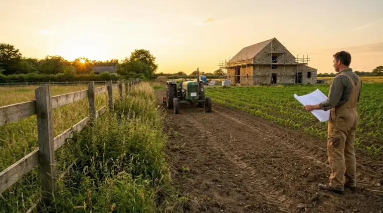 Persona in un campo con trattore e cascina in ristrutturazione al tramonto, mentre controlla un progetto