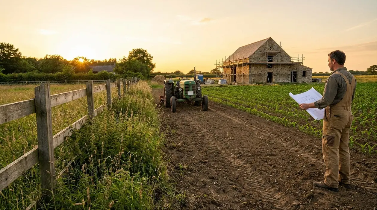 Persona in un campo con trattore e cascina in ristrutturazione al tramonto, mentre controlla un progetto