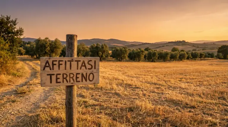 Terreno agricolo al tramonto con cartello in legno, simbolo di un terreno inutilizzato da mettere a reddito