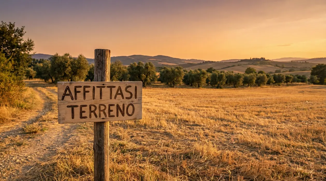 Terreno agricolo al tramonto con cartello in legno, simbolo di un terreno inutilizzato da mettere a reddito