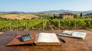Vigneto con casale e strumenti di valutazione su un tavolo, simbolo del valore di un terreno agricolo