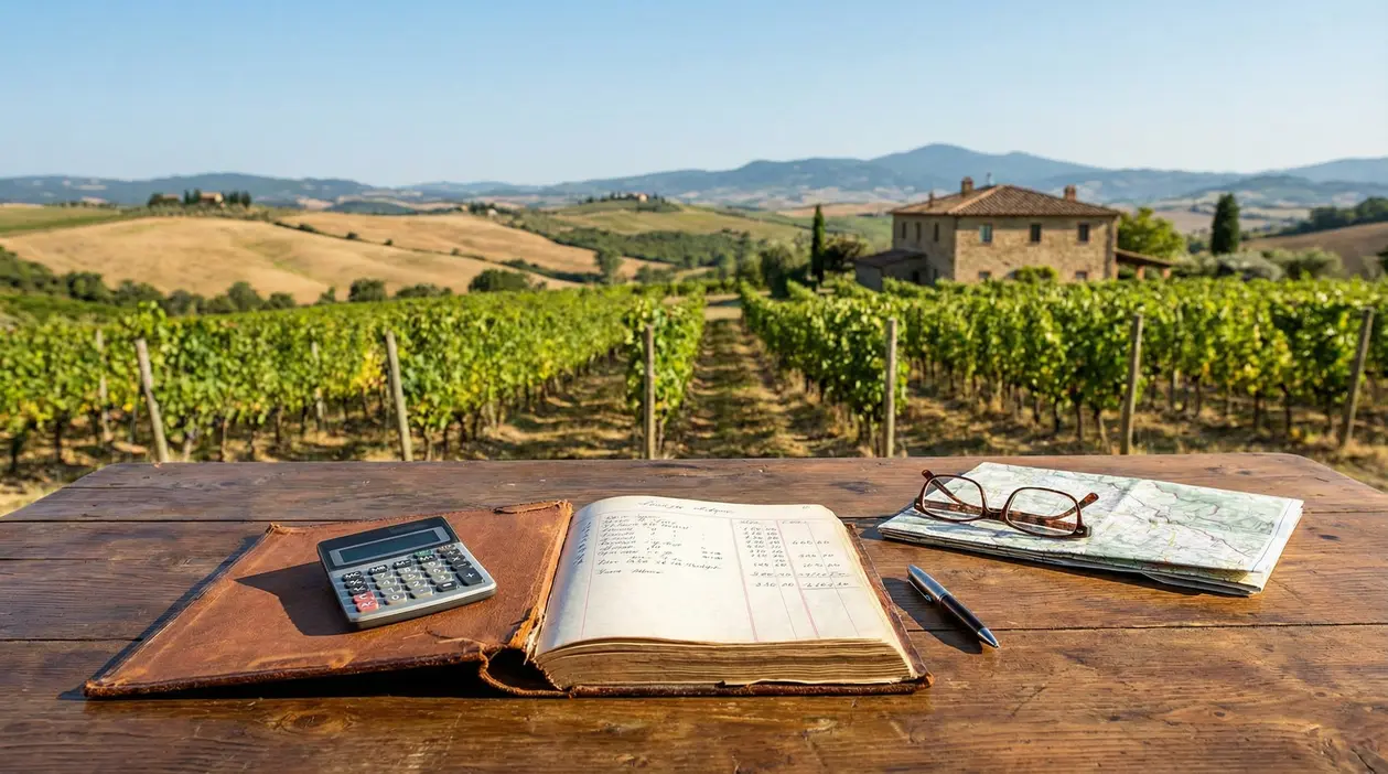 Vigneto con casale e strumenti di valutazione su un tavolo, simbolo del valore di un terreno agricolo