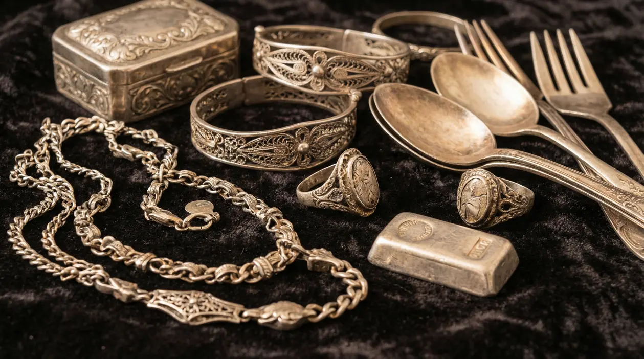 Gioielli e oggetti in argento vintage, tra bracciali, anelli, catene e posate su sfondo scuro